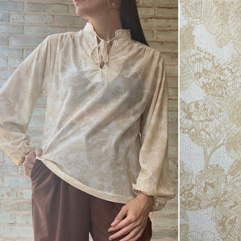 Vintage Poet Blouse 60s 70s Cream Beige Butterfly Print Tie Neck Hippie Shirt